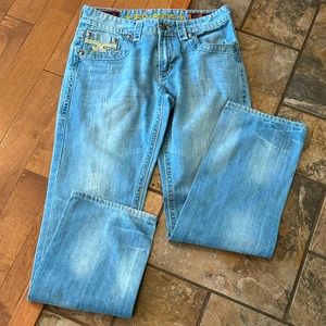 Men’s Rock Revival 32 John Straight Light Wash Jeans Embroidered Spell Out Logo